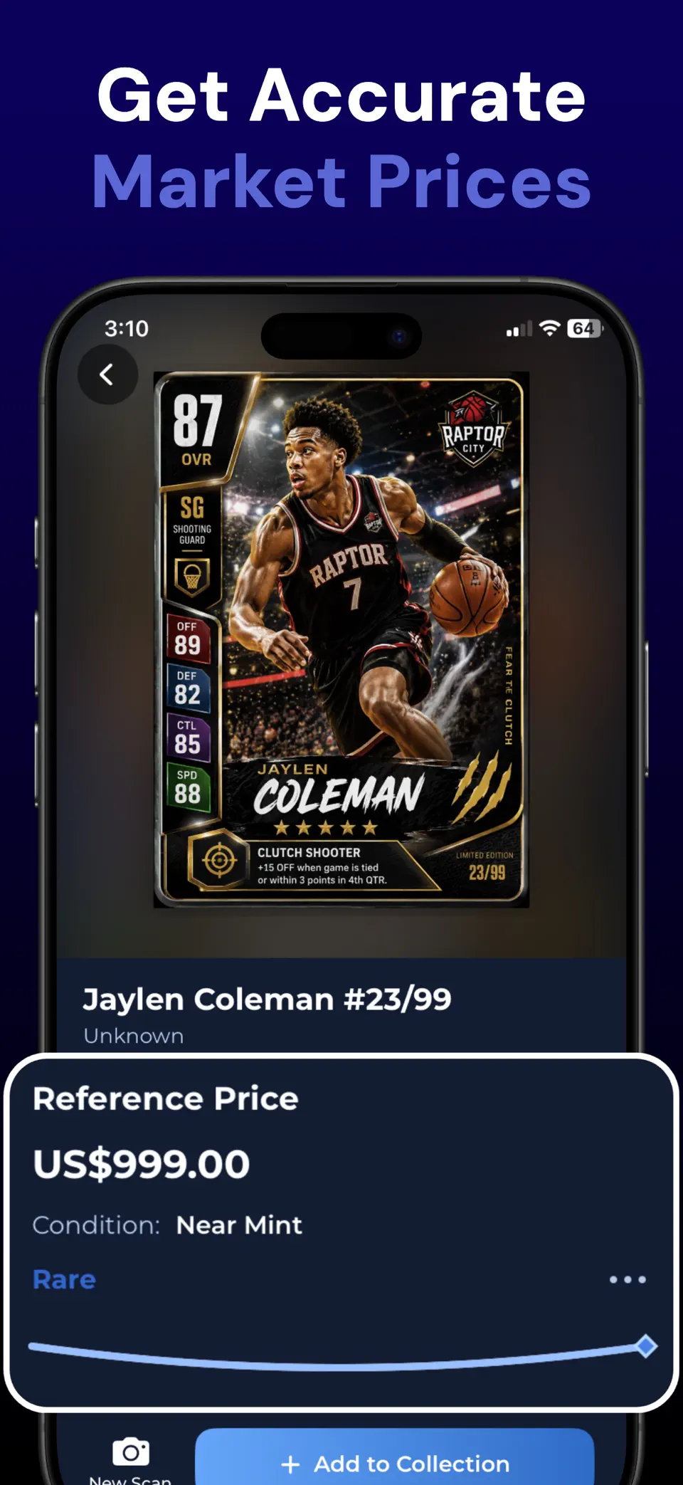 SnapCard app showing card market price and collection options