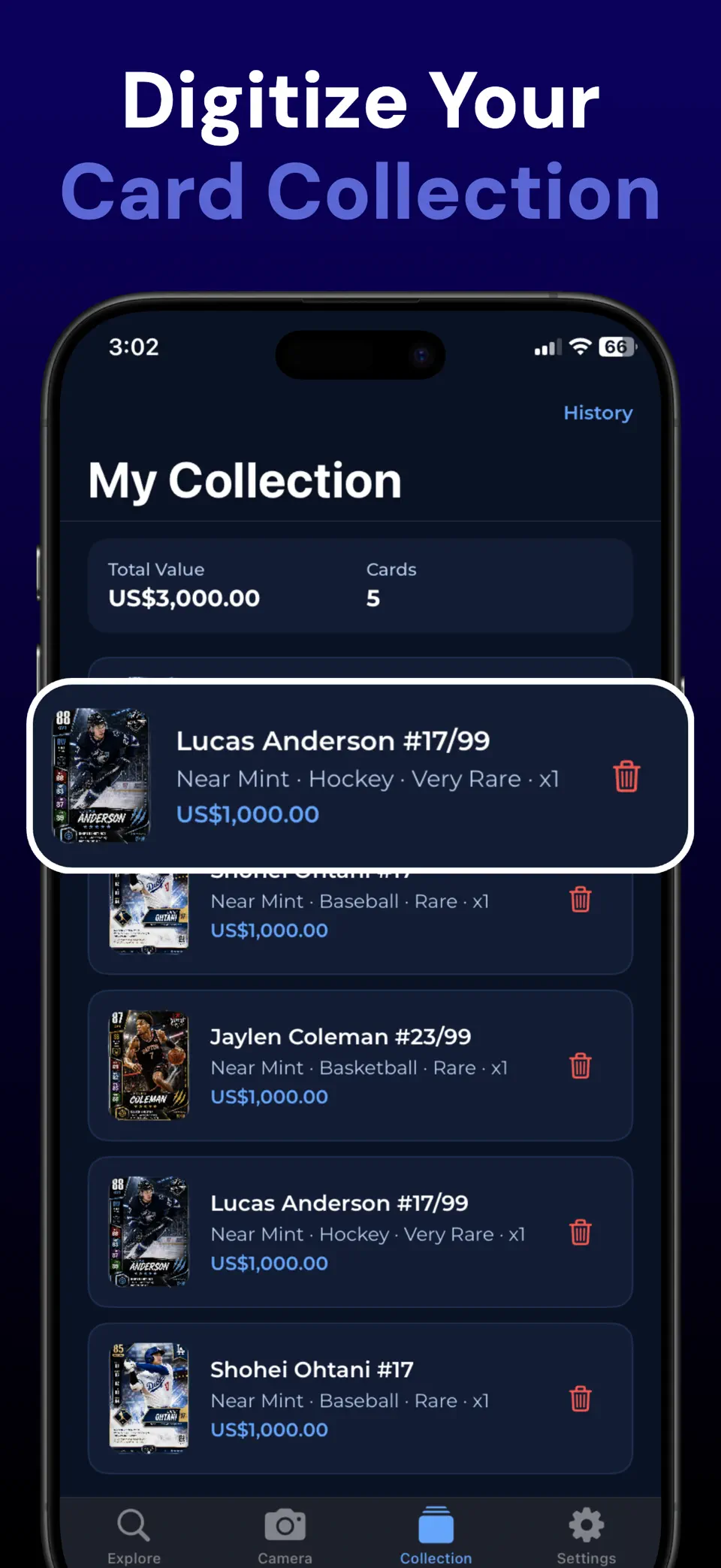 SnapCard app collection overview with saved sports cards